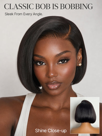 Luvme Hair 180% density sleek short bob HD lace wig with pre-cut lace and all-day comfort cap, styled for a minimalist look.