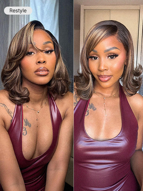 Blonde and brown highlight short layered bob wig with 5x5 lace closure, glueless style by Luvme Hair.