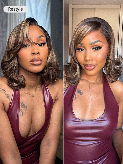 Blonde and brown highlight short layered bob wig with 5x5 lace closure, glueless style by Luvme Hair.