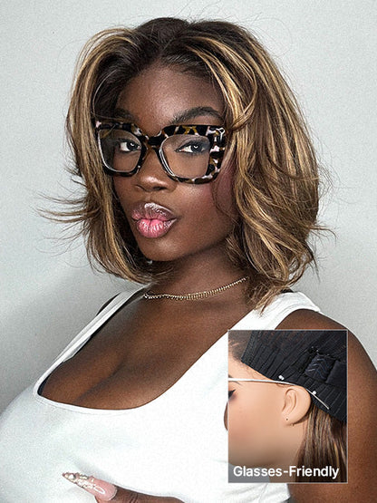Blonde and brown highlight short layered bob wig with glueless 5x5 lace closure by Luvme Hair, showing the wig's style and color details.