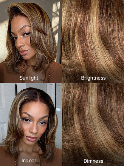 Blonde and brown highlighted short layered bob wig with 5x5 lace closure, glueless, from Luvme Hair.