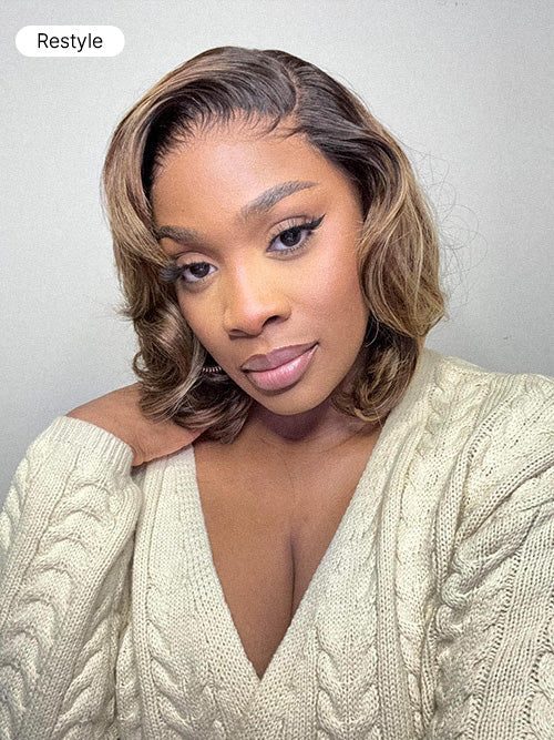Blonde and brown highlight short layered bob wig with glueless 5x5 closure from Luvme Hair, featuring pre-cut lace for easy wear.