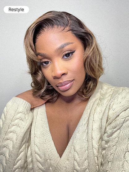 Blonde and brown highlight short layered bob wig with glueless 5x5 closure from Luvme Hair, featuring pre-cut lace for easy wear.
