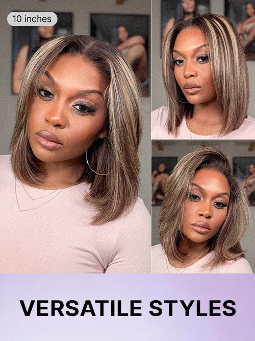 Blonde and brown highlight short layered bob wig with glueless 5x5 lace closure from Luvme Hair, showcasing natural hair texture.