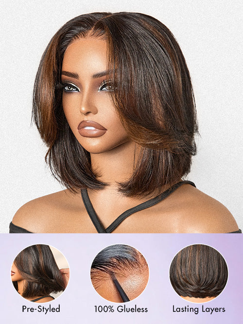 Blonde Highlight / Brown Highlight Short Layered Bob Wig Glueless 5x5 Closure Pre-Cut Lace Wig-52