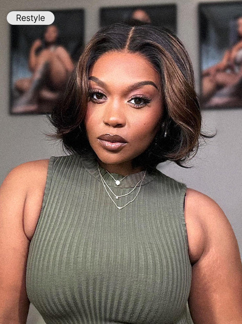 Blonde Highlight / Brown Highlight Short Layered Bob Wig Glueless 5x5 Closure Pre-Cut Lace Wig-54