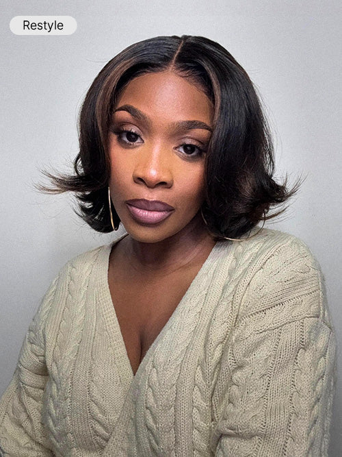 Blonde Highlight / Brown Highlight Short Layered Bob Wig Glueless 5x5 Closure Pre-Cut Lace Wig-55