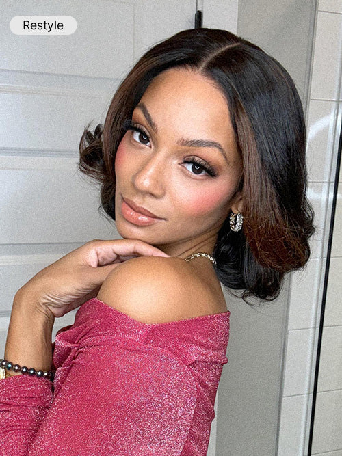 Blonde Highlight / Brown Highlight Short Layered Bob Wig Glueless 5x5 Closure Pre-Cut Lace Wig-56
