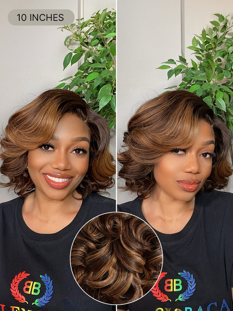Luvme Hair minimal lace wig with natural black loose waves, ombre highlights, pre-cut lace, and glueless design.