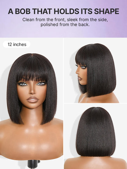 Luvme Put On and Go realistic glueless Yaki straight bob lace wig with bangs, 100% human hair, minimalist design