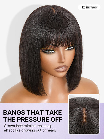 Luvme Put On and Go realistic glueless Yaki straight bob lace wig with bangs, 100% human hair, minimalist design.
