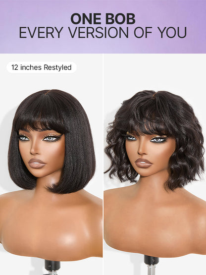 Luvme Put On and Go realistic glueless Yaki straight bob lace wig with bangs, 100% human hair, minimalist design