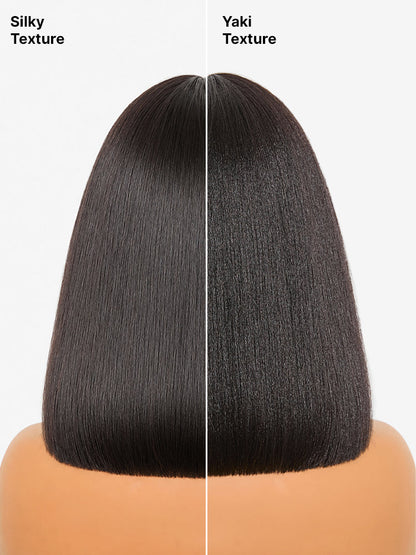 Luvme Put On and Go realistic glueless Yaki straight bob lace wig with bangs, 100% human hair, minimalist design