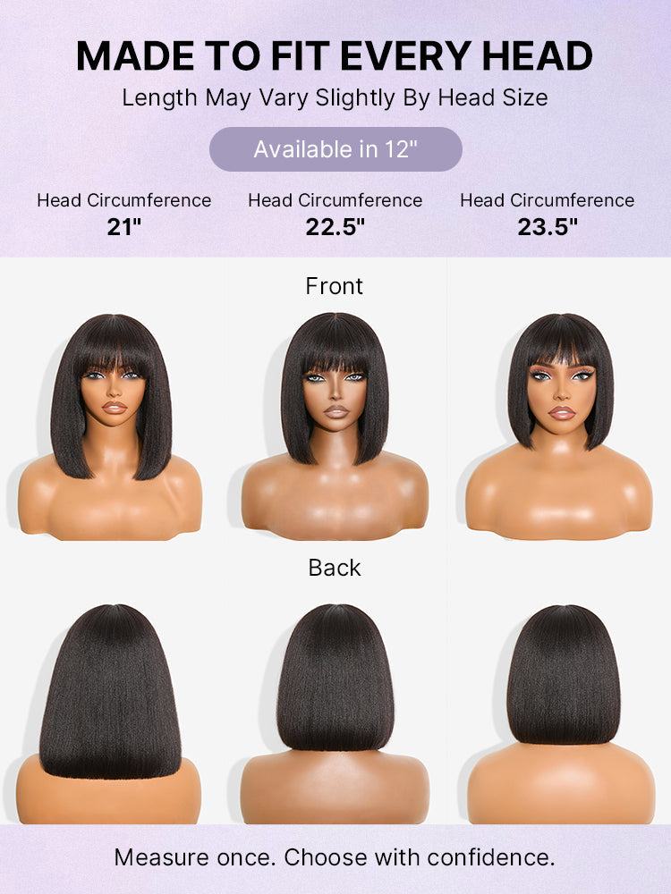 Put On and Go Realistic Glueless Yaki Straight Bob with Bangs Minimalist Lace Wig 100% Human Hair-46