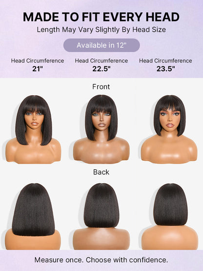 Put On and Go Realistic Glueless Yaki Straight Bob with Bangs Minimalist Lace Wig 100% Human Hair-46