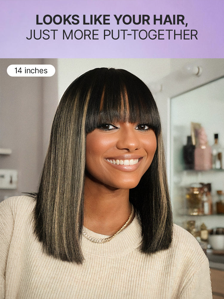 Put On and Go Realistic Glueless Yaki Straight Bob with Bangs Minimalist Lace Wig 100% Human Hair-66