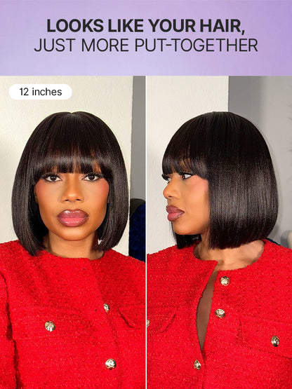 Luvme Put On and Go Realistic Yaki straight bob lace wig with bangs, 100% human hair, minimalist design, natural hairline.