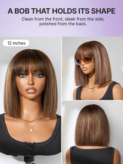Put On and Go Realistic Glueless Yaki Straight Bob with Bangs Minimalist Lace Wig 100% Human Hair-65