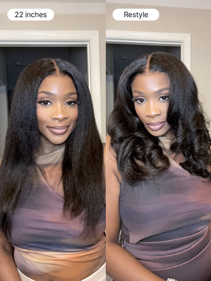 Luvme Hair 7x6 HD lace wig with layered light kinky straight body wave, butterfly cut, glueless design and pre-cut lace.