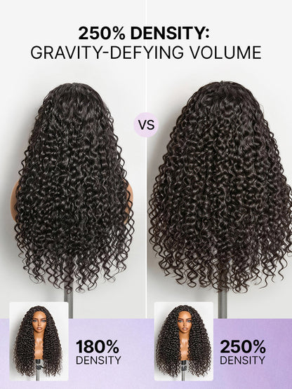 Luvme Hair water wave glueless half wig with 250% density, fluffy full volume, flexible fit, and drawstring for easy wear.