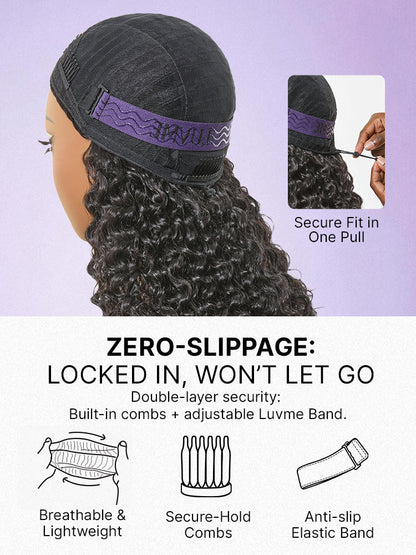 Luvme Hair Fluffy & Full 250% Density Water Wave Glueless Half Wig with flexi-fit drawstring, natural water wave texture.