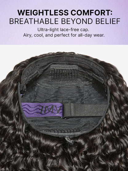 Luvme Hair water wave half wig with 250% density, glueless design, flexi-fit drawstring, showcasing the full, fluffy hairstyle.