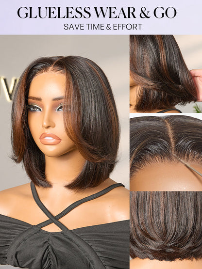 Luvme Hair brown highlight silky short bob wig with layered cut, glueless 5x5 lace closure, human hair, pre-cut lace.
