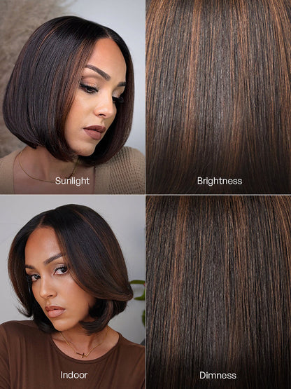 Luvme Hair brown highlight silky short bob wig with layered cut, 5x5 closure, glueless human hair lace wig.