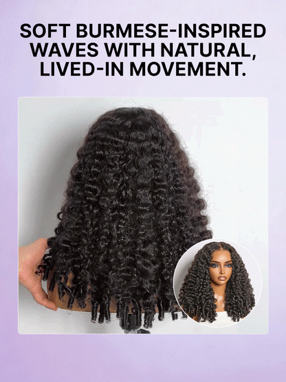 Luvme Hair 5x5 HD lace wig with Burmese curly texture, pre-cut lace, and finger coil ends, 180% density, glueless design
