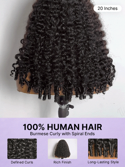 Luvme Hair Burmese curly lace wig with 180% density, pre-cut HD lace closure, finger coil ends, glueless style, natural look