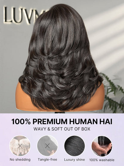 Luvme Hair butterfly cut layered wavy lace short wig with minimal lace, glueless design, and HD transparent lace for a natural look.