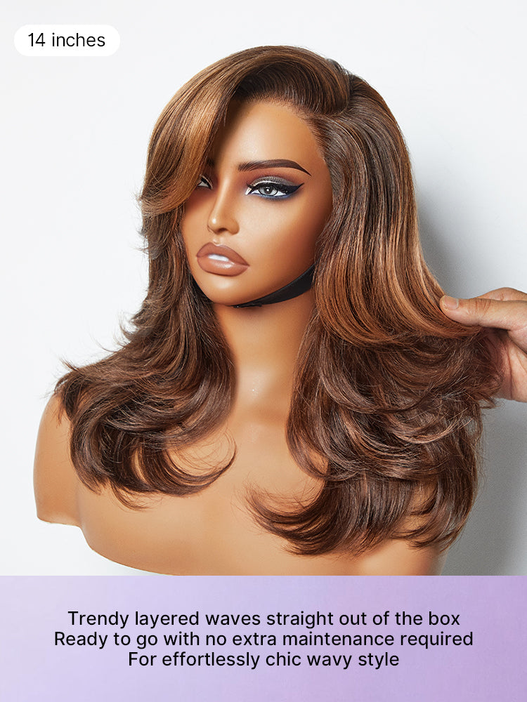 Effortlessly Chic Butterfly Cut Layered Wavy Glueless HD Minimalist Lace Short Wig-75