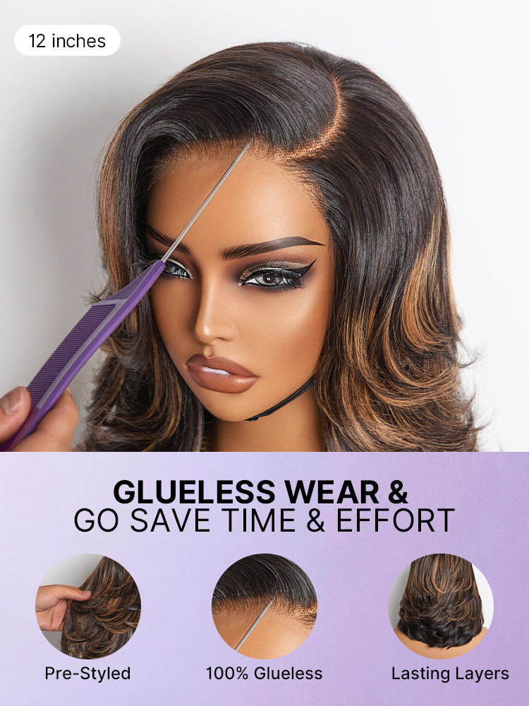 Effortlessly Chic Butterfly Cut Layered Wavy Glueless HD Minimalist Lace Short Wig-73