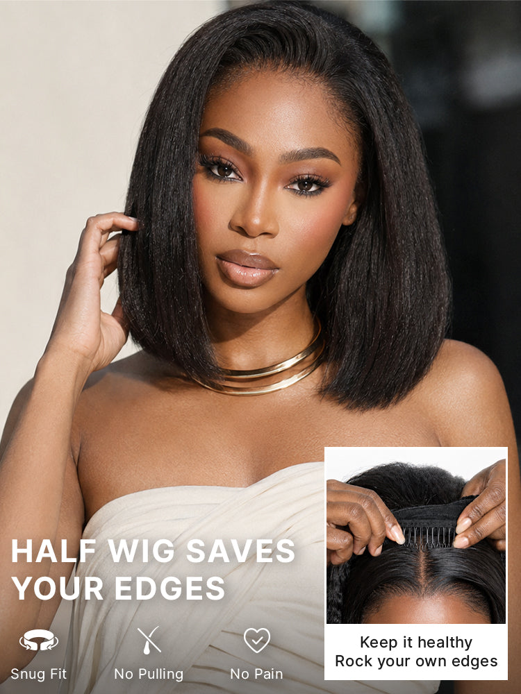 Kinky straight 3-in-1 half wig with 180% density, glueless flexi-fit drawstring, by Luvme Hair, showing the wig's texture and style.