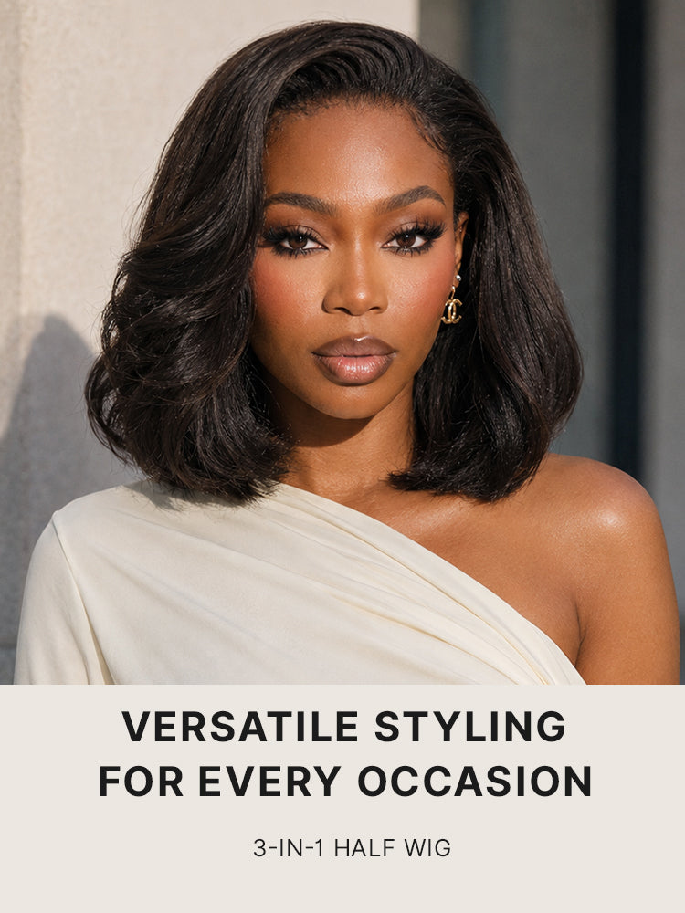 Kinky straight 3-in-1 half wig by Luvme Hair with 180% density, glueless design, flexible fit, and drawstring for versatile styling