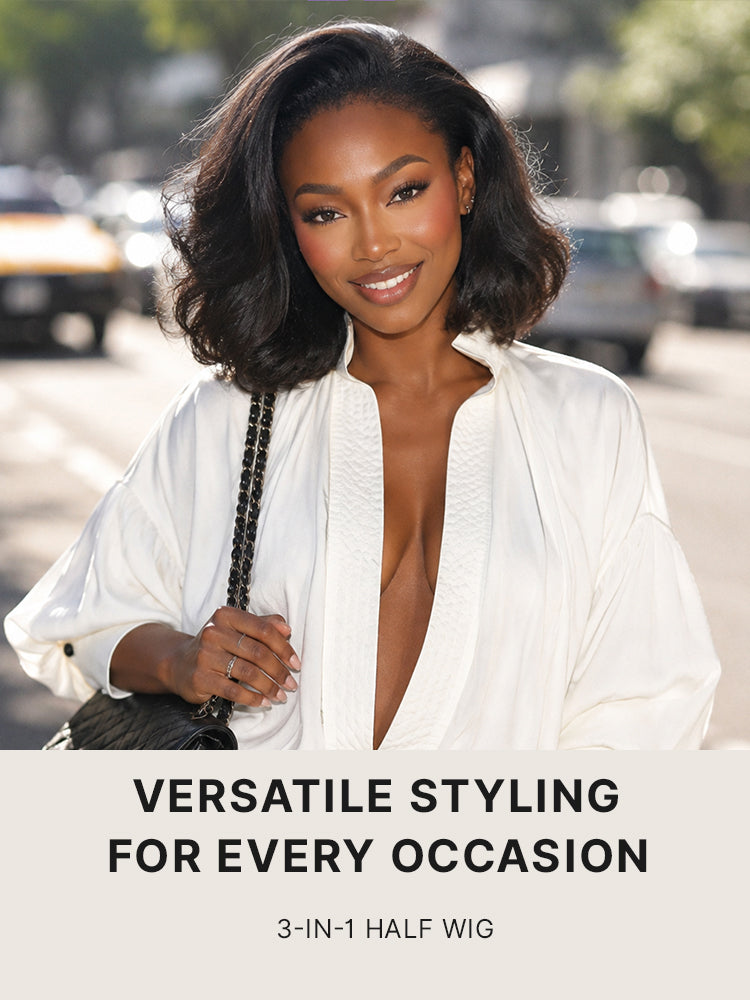 Luvme Hair 3-in-1 kinky straight bob wig with 180% density, glueless, flexi-fit drawstring, and half wig style.