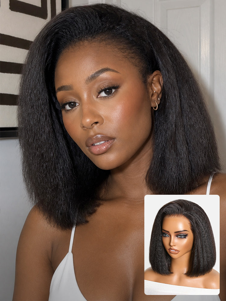 Luvme Hair 3-in-1 kinky straight bob wig with 180% density, glueless, flexi-fit drawstring style on a mannequin head