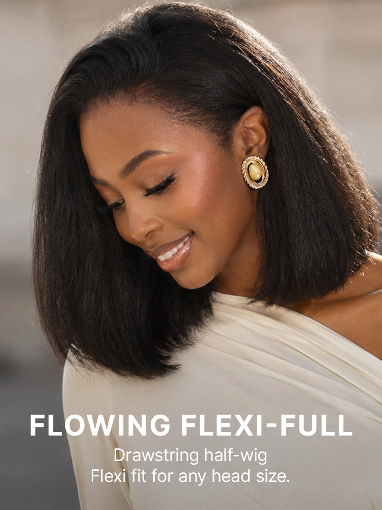 Luvme Hair 3-in-1 kinky straight bob wig with 180% density, glueless, flexi-fit drawstring, half wig style.
