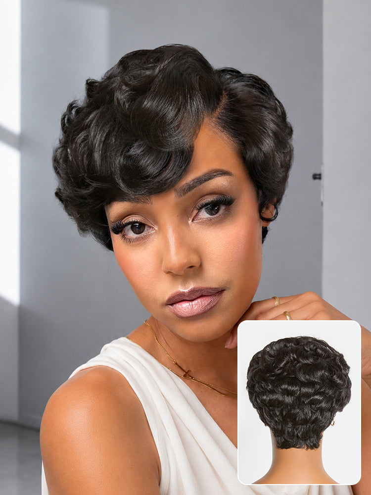Luvme Hair natural black lightweight roll curl short pixie cut wig with pre-cut lace, glueless and beginner-friendly.
