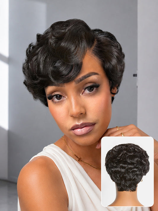 Luvme Hair natural black lightweight roll curl short pixie cut wig with pre-cut lace, glueless and beginner-friendly.