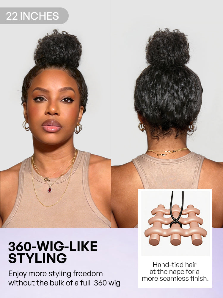 Luvme Hair PreMax water wave lace wig with 13x4 frontal, curly, pre-cut, drawstring, flexible fit, allows ponytail and updo styles.