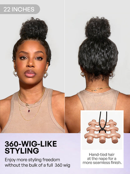 Luvme Hair PreMax water wave lace wig with 13x4 frontal, curly, pre-cut, drawstring, flexible fit, allows ponytail and updo styles.