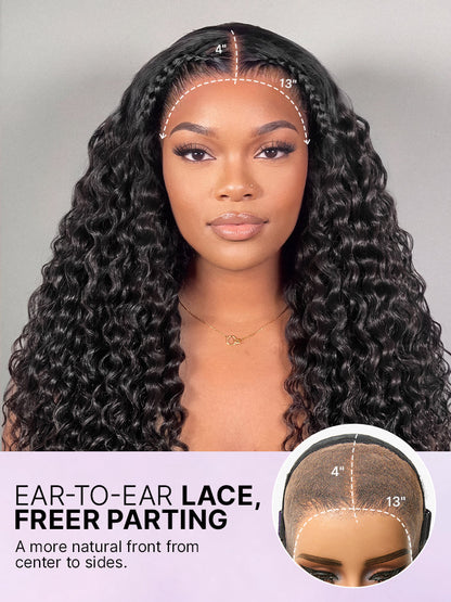 Luvme Hair PreMax water wave lace wig with 13x4 frontal, curly texture, drawstring, and 360-like design for ponytail and updo styles.