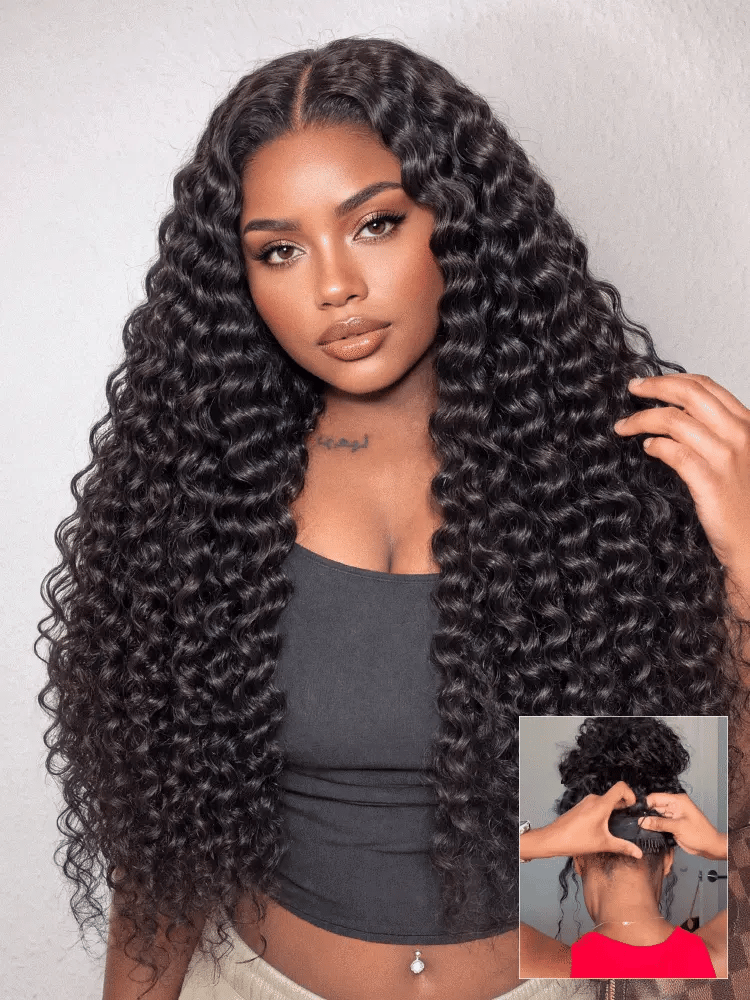 Luvme Hair PreMax 180% density water wave glueless lace wig with flexible drawstring, 13x4 frontal, curly, pre-cut, with ponytail option.