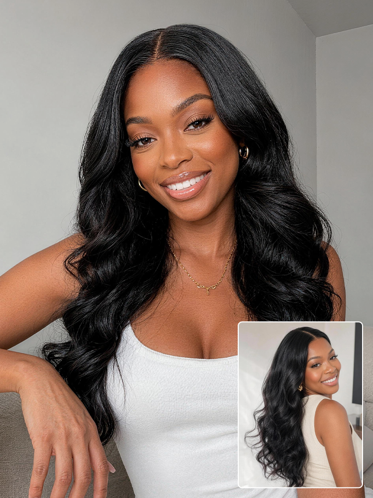 Jet black Luvme Hair 5x5 loose body wave closure lace wig made of 100% human hair, featuring a glueless design and natural wave pattern.