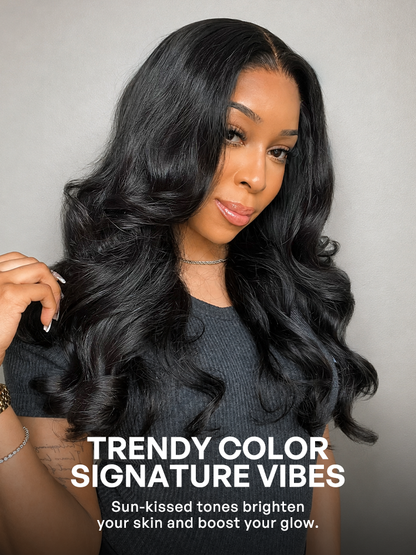 Jet black Luvme Hair 5x5 closure lace wig with loose body wave 100% human hair, showing the natural wave pattern and lace closure.