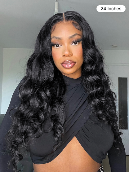 Jet black Luvme Hair 5x5 closure lace wig with loose body wave 100% human hair, showing the lace front and textured waves.