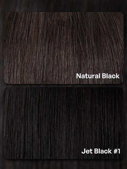 Jet black Luvme Hair 5x5 closure lace wig with loose body wave human hair, glueless design and natural parting.