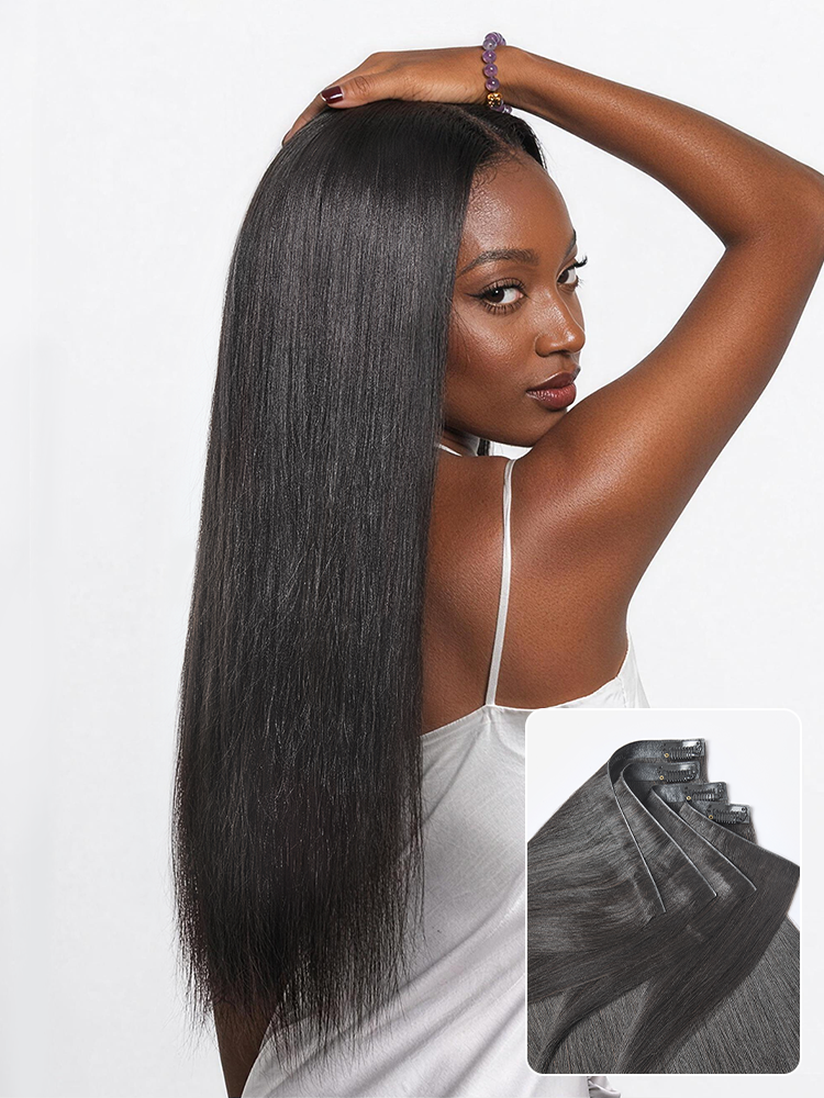 Luvme Hair Yaki Straight 0.59mm invisible clip-in hair extensions, seamless blend, lightweight, 100g, 7pcs or 6pcs for daily styling