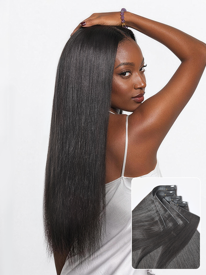 Luvme Hair Yaki Straight 0.59mm invisible clip-in hair extensions, seamless blend, lightweight, 100g, 7pcs or 6pcs for daily styling